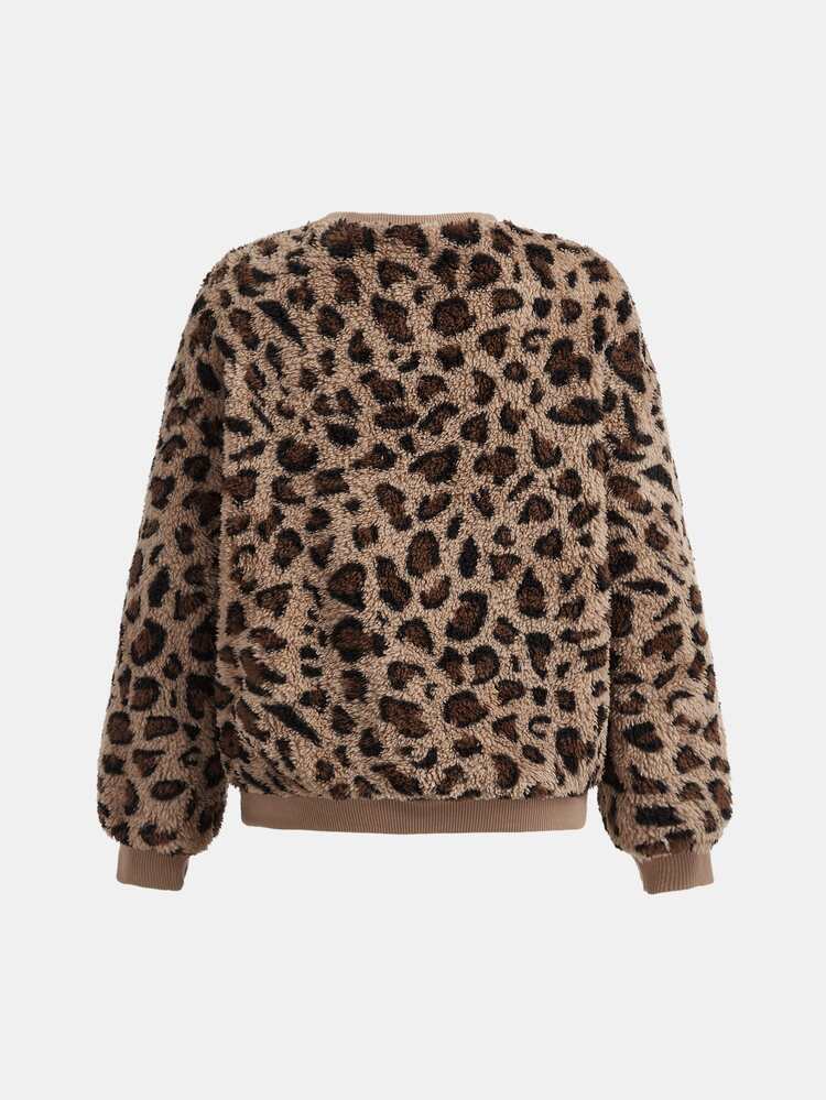 Set Baju Plush Motif Leopard 2 Potong untuk Anak Perempuan Remaja, Lembut, Nyaman, Kasual, Serbaguna, Modis untuk Sehari-hari dan Musim Gugur - Coklat - View 6