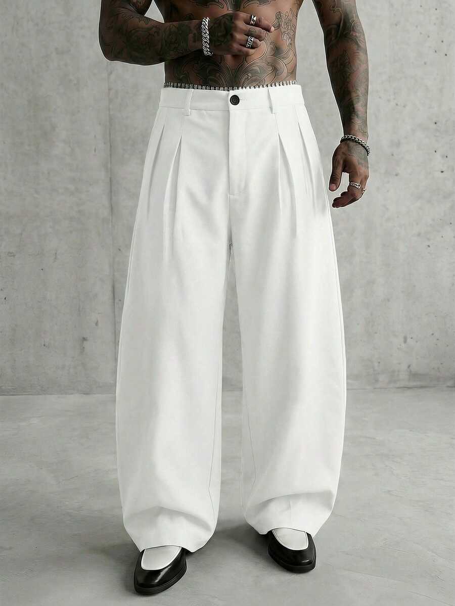 AXEPEAK Men's Casual Everyday Workwear Pleated Loose Wide-Leg Pants, Solid Color Versatile - White - View 1