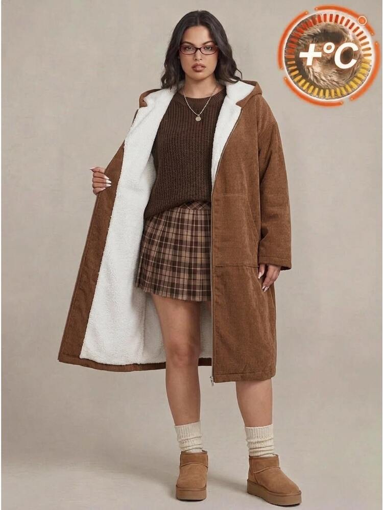 Comfortcana Jaket Musim Dingin Ukuran Besar dengan Resleting dan Tudung, Lapisan Termal - Coklat - View 1