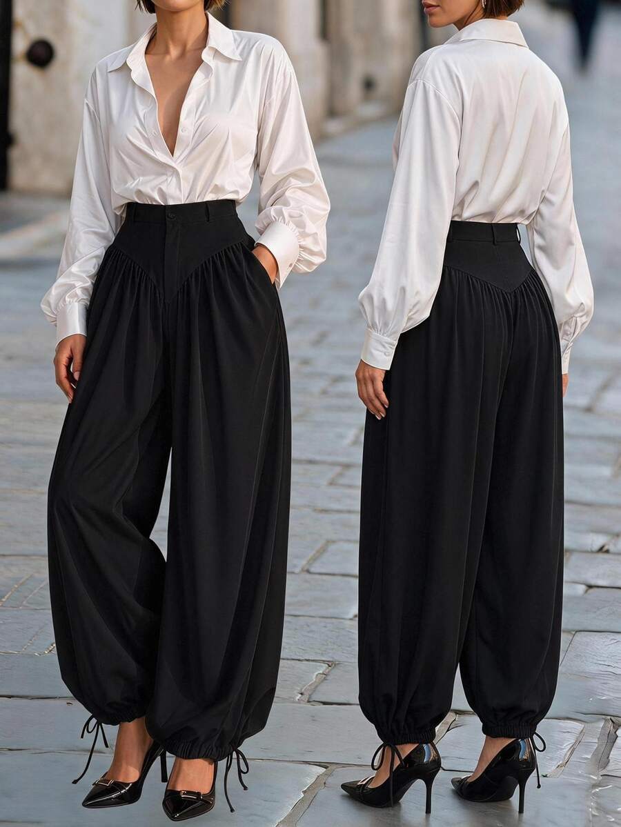 Chikora Plus Size Fashion High Waist Casual Balloon Pants Fall - Black - View 1