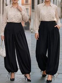 Chikora Plus Size Fashion High Waist Casual Balloon Pants Fall - Black - View 7