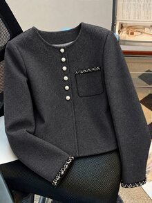GlowEve CURVE Jaket Pendek Wanita Ukuran Besar Gaya Prancis Leher Bulat, Abu-abu Gelap Kancing Mutiara Potongan Longgar, Desain Manset dan Trim Saku, Formal Elegan Musim Gugur/Musim Dingin - Dark Grey - View 1