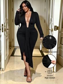 NU&NOW Plus Size Women's Spring/Autumn Black Elastic Fabric Sexy Metal Buckle Decor Half-Open Neck Long Sleeve Front Short Back Long Bodycon Dress, Elegant - Black - View 3