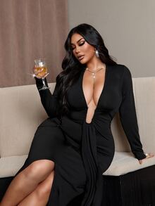 NU&NOW Plus Size Women's Spring/Autumn Black Elastic Fabric Sexy Metal Buckle Decor Half-Open Neck Long Sleeve Front Short Back Long Bodycon Dress, Elegant - Black - View 6