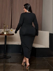 NU&NOW Plus Size Women's Spring/Autumn Black Elastic Fabric Sexy Metal Buckle Decor Half-Open Neck Long Sleeve Front Short Back Long Bodycon Dress, Elegant - Black - View 4