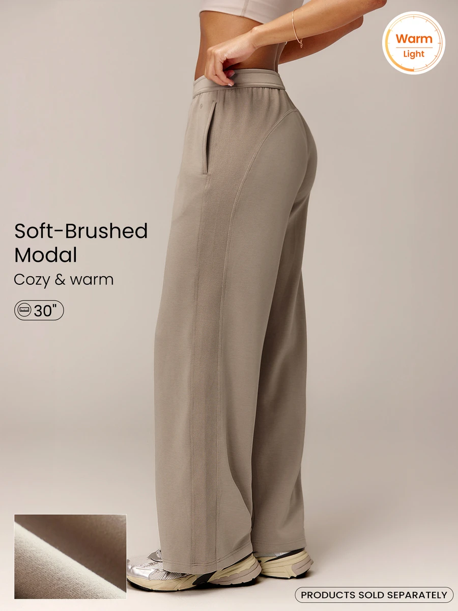 GLOWMODE Soft-Brushed Modal Just Relax Ribbed Sweatpants With Back Detail & Embossed Logo Regular Fit Daily Casual Travel Vacation Wear - Khaki - View 1