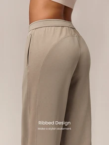 GLOWMODE Soft-Brushed Modal Just Relax Ribbed Sweatpants With Back Detail & Embossed Logo Regular Fit Daily Casual Travel Vacation Wear - Khaki - View 3