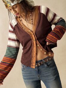 Bohemela Women's Colorblock Casual Daily Long Sleeve T-Shirt - Multicolor - View 3
