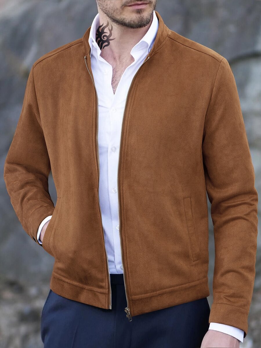 Calvornis Men Zip Up Suedette Motorcycle Jacket, Plain, Long Sleeve, Going Out, Casual, Boyfriend Gift Fleece, Winter - Brown - View 1