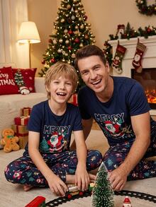 Santa Claus Tween Boy Autumn/Winter Pajamas Snug Fit Short Sleeve Long Pants Christmas Reindeer - Navy Blue - View 6