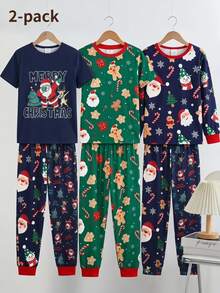 Santa Claus Tween Boy Autumn/Winter Pajamas Snug Fit Short Sleeve Long Pants Christmas Reindeer - Navy Blue - View 1