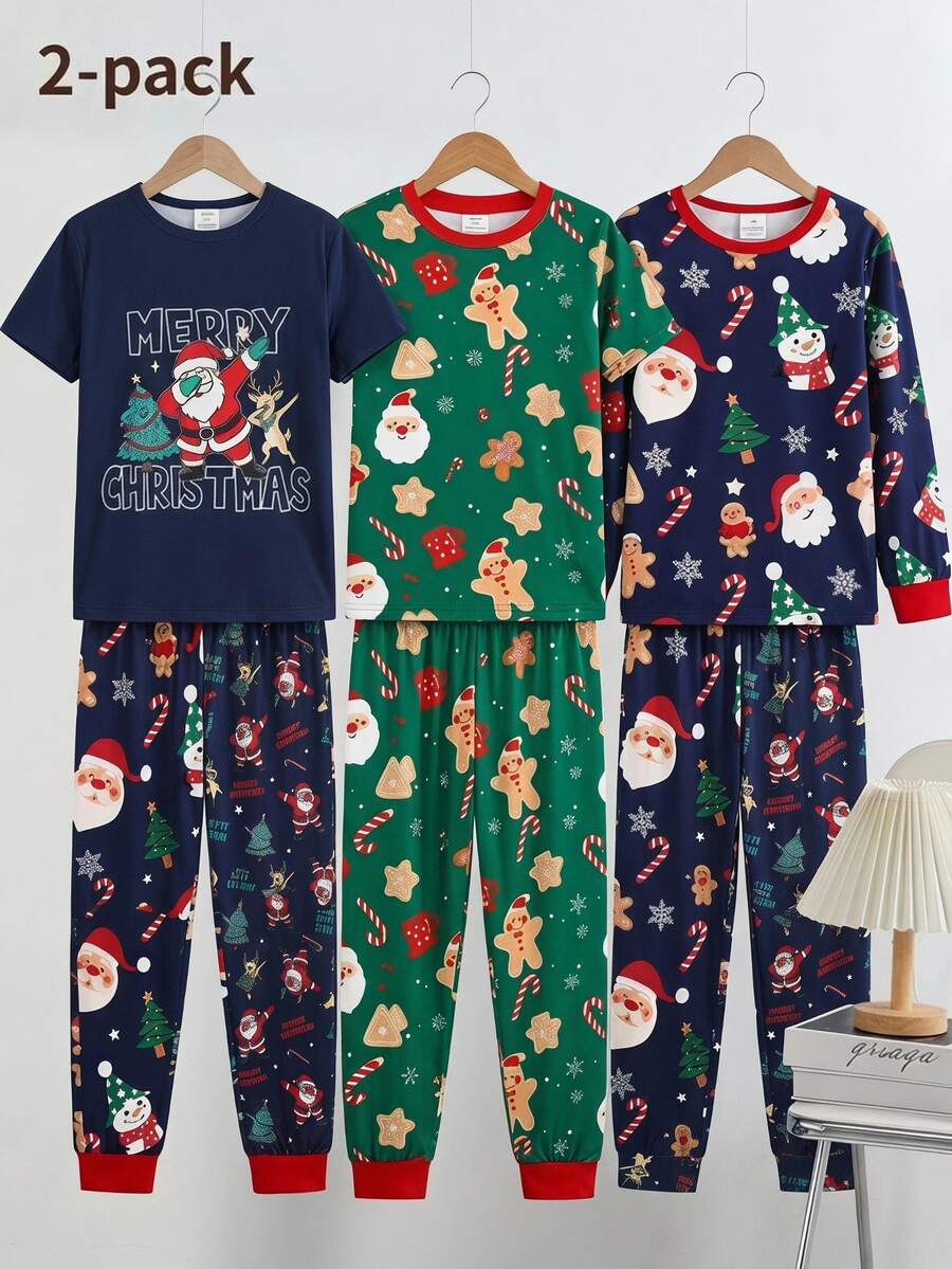 Santa Claus Tween Boy Autumn/Winter Pajamas Snug Fit Short Sleeve Long Pants Christmas Reindeer - Navy Blue - View 1