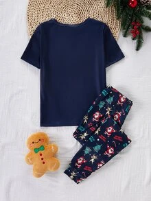 Santa Claus Tween Boy Autumn/Winter Pajamas Snug Fit Short Sleeve Long Pants Christmas Reindeer - Navy Blue - View 2