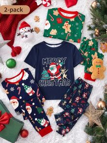 Santa Claus Tween Boy Autumn/Winter Pajamas Snug Fit Short Sleeve Long Pants Christmas Reindeer - Navy Blue - View 9