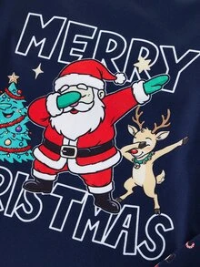 Santa Claus Tween Boy Autumn/Winter Pajamas Snug Fit Short Sleeve Long Pants Christmas Reindeer - Navy Blue - View 4