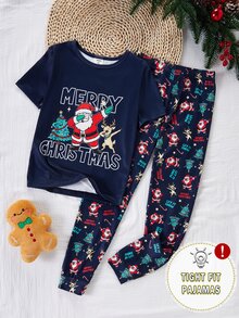 Santa Claus Tween Boy Autumn/Winter Pajamas Snug Fit Short Sleeve Long Pants Christmas Reindeer - Navy Blue - View 3