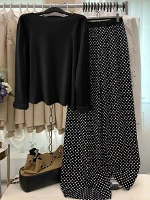 GlowEve CURVE Plus Size Knit Solid Color Cardigan With Front Buttons, Striped Slim Fit Camisole With Drawstring Decor, Elegant Casual Commute Daily Outing Long Pants - Black - View 2