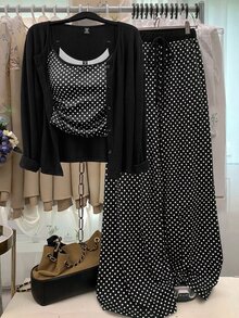 GlowEve CURVE Plus Size Knit Solid Color Cardigan With Front Buttons, Striped Slim Fit Camisole With Drawstring Decor, Elegant Casual Commute Daily Outing Long Pants - Black - View 1