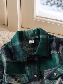 SHEIN Elladie kids 女童春秋日常復古格紋襯衫外套與休閒簡約細肩帶背心修身長褲兩件套 - 綠色 - 查看 3