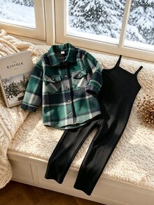 SHEIN Elladie kids 女童春秋日常復古格紋襯衫外套與休閒簡約細肩帶背心修身長褲兩件套 - 綠色 - 查看 1