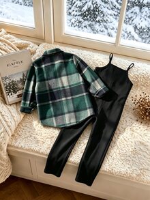 SHEIN Elladie kids 女童春秋日常復古格紋襯衫外套與休閒簡約細肩帶背心修身長褲兩件套 - 綠色 - 查看 2