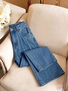 GlowEve Jeans Wanita Denim Cuci untuk Harian Gaya Kasual Musim Gugur Kaki Lebar Lipit Nyaman dan Menawan - Biru - View 1