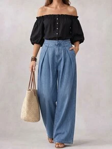 GlowEve Jeans Wanita Denim Cuci untuk Harian Gaya Kasual Musim Gugur Kaki Lebar Lipit Nyaman dan Menawan - Biru - View 7