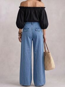 GlowEve Jeans Wanita Denim Cuci untuk Harian Gaya Kasual Musim Gugur Kaki Lebar Lipit Nyaman dan Menawan - Biru - View 8