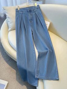 GlowEve Jeans Wanita Denim Cuci untuk Harian Gaya Kasual Musim Gugur Kaki Lebar Lipit Nyaman dan Menawan - Biru - View 2