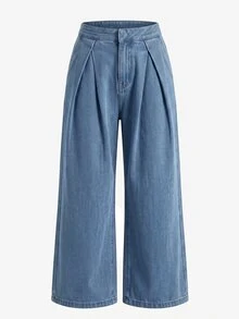 GlowEve Jeans Wanita Denim Cuci untuk Harian Gaya Kasual Musim Gugur Kaki Lebar Lipit Nyaman dan Menawan - Biru - View 6