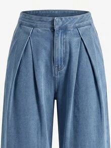 GlowEve Jeans Wanita Denim Cuci untuk Harian Gaya Kasual Musim Gugur Kaki Lebar Lipit Nyaman dan Menawan - Biru - View 5