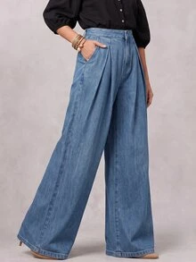 GlowEve Jeans Wanita Denim Cuci untuk Harian Gaya Kasual Musim Gugur Kaki Lebar Lipit Nyaman dan Menawan - Biru - View 4