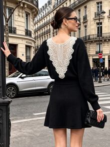 SHEIN 秋冬時尚背部串珠圓領長袖連身洋裝 - 黑色 - 查看 1