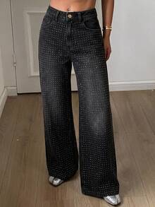 DAZY Women's Regular Mid-Waist Rhinestone Loose Straight Leg Long Pants Street Casual Brown Denim Fall - Black - View 6