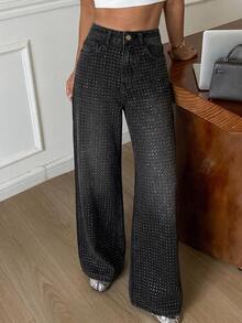 DAZY Women's Regular Mid-Waist Rhinestone Loose Straight Leg Long Pants Street Casual Brown Denim Fall - Black - View 4