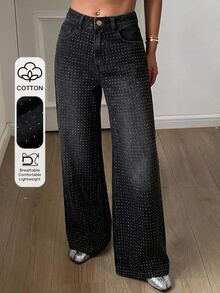 DAZY Women's Regular Mid-Waist Rhinestone Loose Straight Leg Long Pants Street Casual Brown Denim Fall - Black - View 1