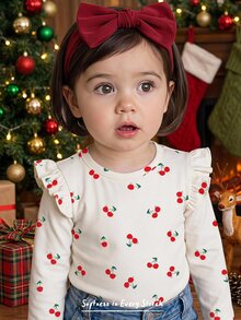 Cozy Pixies Baby Girl Baby Girl Knitted Cherry Fruit Pattern Flutter Sleeve Round Neck Long Sleeve T-Shirt - Multicolor - View 2