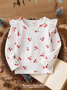 Cozy Pixies Baby Girl Baby Girl Knitted Cherry Fruit Pattern Flutter Sleeve Round Neck Long Sleeve T-Shirt - Multicolor - View 6