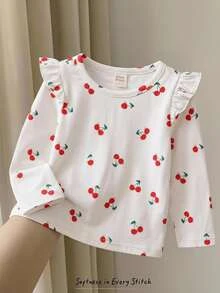 Cozy Pixies Baby Girl Baby Girl Knitted Cherry Fruit Pattern Flutter Sleeve Round Neck Long Sleeve T-Shirt - Multicolor - View 1