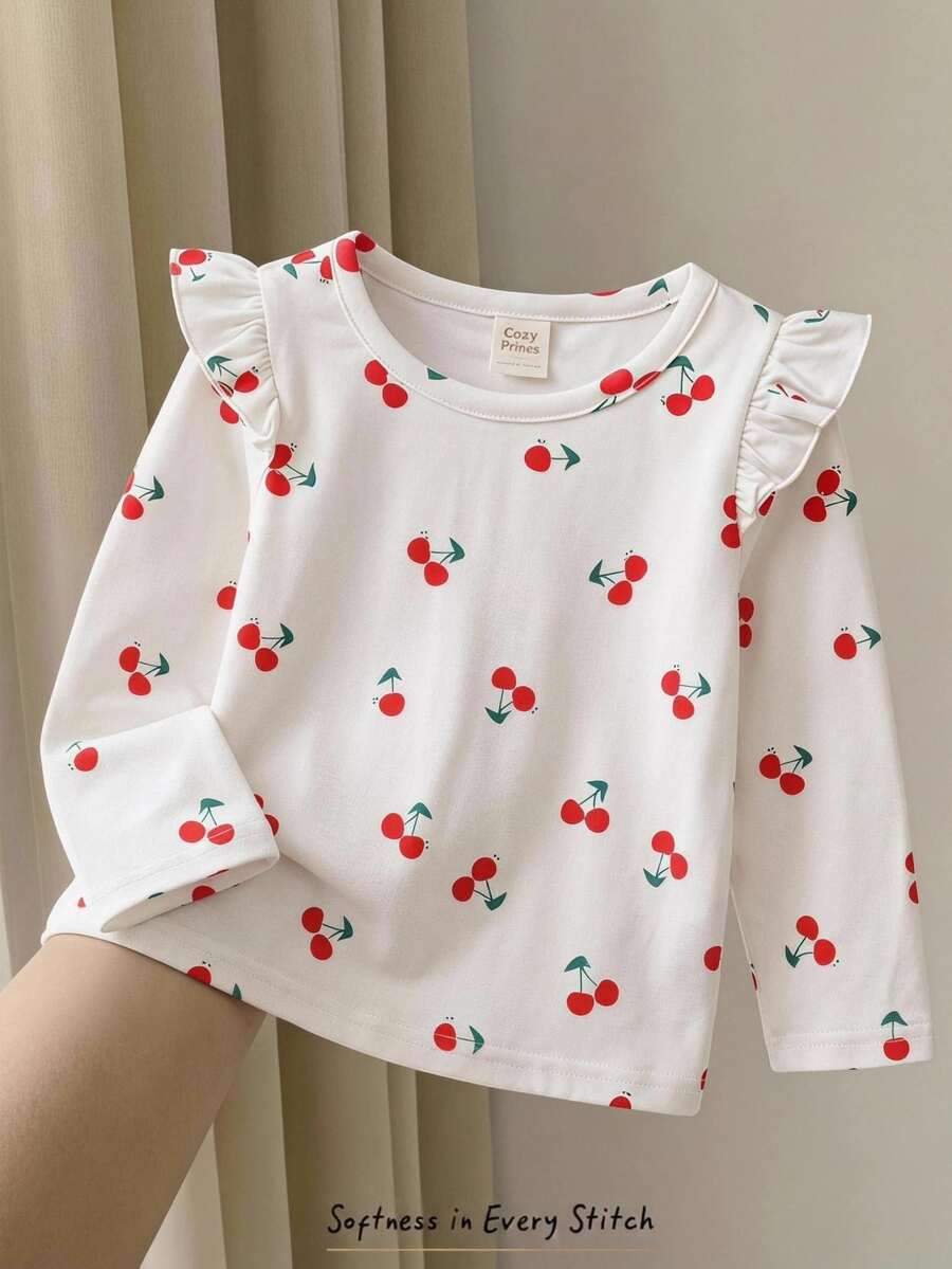 Cozy Pixies Baby Girl Baby Girl Knitted Cherry Fruit Pattern Flutter Sleeve Round Neck Long Sleeve T-Shirt - Multicolor - View 1
