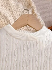 Young Girls Winter New Thermal Lined Cable Knit Sweater, Fashion Casual Beige Chunky Knit Pullover - White - View 6