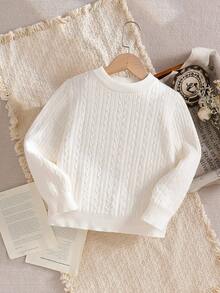 Young Girls Winter New Thermal Lined Cable Knit Sweater, Fashion Casual Beige Chunky Knit Pullover - White - View 4