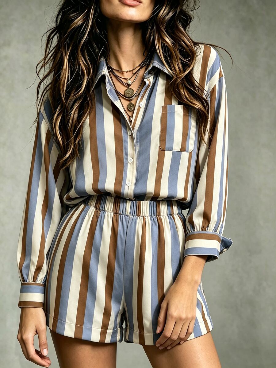 Trelyra Striped Print Shirt & Shorts - Multicolor - View 1
