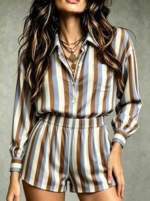Trelyra Striped Print Shirt & Shorts - Multicolor - View 3