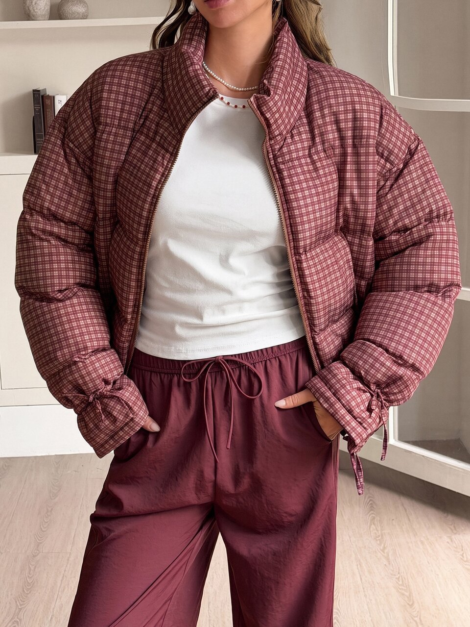 Plaid Loose Long Sleeve High Neck Casual Streetwear Autumn/Winter Women's Padded Coat Jacket
