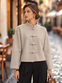 Editum Women's Solid Color Casual French Elegant Versatile Daily Wear Wool Blend Jacket Everyday Beige Winter/Fall Christmas Office - Apricot - View 7