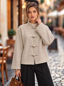 Editum Women's Solid Color Casual French Elegant Versatile Daily Wear Wool Blend Jacket Everyday Beige Winter/Fall Christmas Office - Apricot - View 6