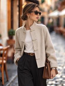Editum Women's Solid Color Casual French Elegant Versatile Daily Wear Wool Blend Jacket Everyday Beige Winter/Fall Christmas Office - Apricot - View 2