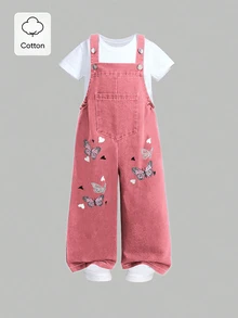 SHEIN Girls Denim Overall Jumpsuit Butterfly Heart Print Wide‑Leg Suspender Overalls With Button Shoulder Straps Front Pocket School Clothes White Pink - Pink - View 13