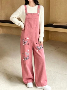 SHEIN Girls Denim Overall Jumpsuit Butterfly Heart Print Wide‑Leg Suspender Overalls With Button Shoulder Straps Front Pocket School Clothes White Pink - Pink - View 6
